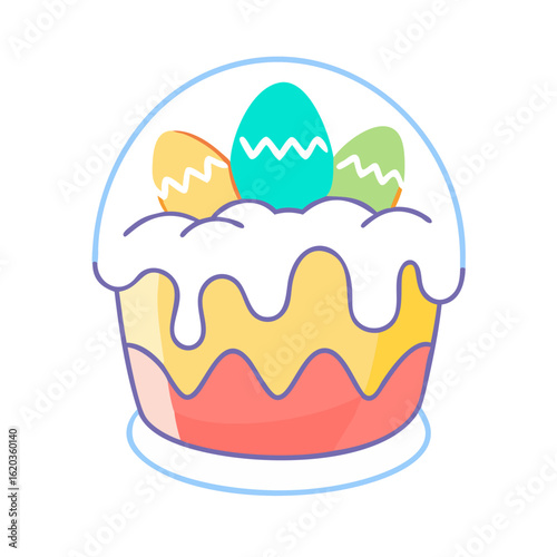 Colorful Easter Cake with Decorated Eggs Under a Protective Dome