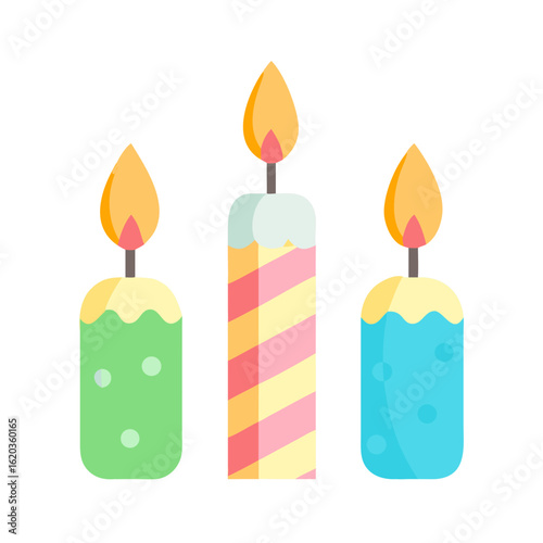 Three colorful cartoon birthday candles with burning flames for a happy celebration