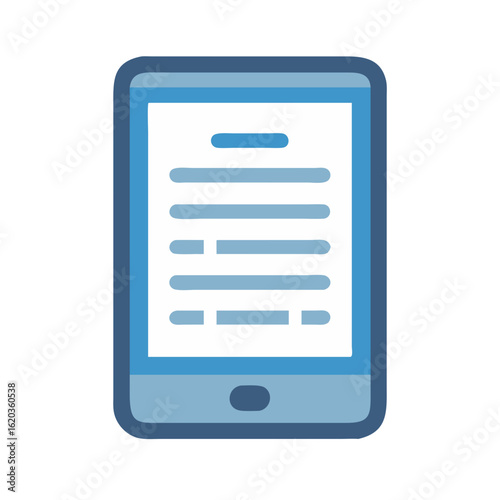 Stylized ebook reader icon, device displaying document with text for reading