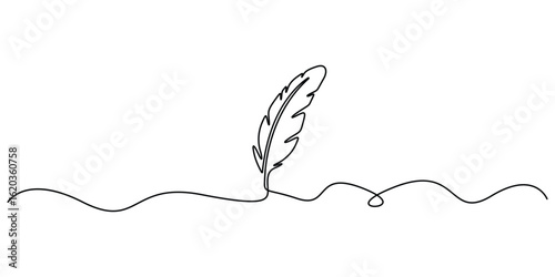Continuous one line drawing of  bird feather. Isolated on white background vector illustration, Single line drawing of Bird feather symbol of writer. Doodle vector illustration
