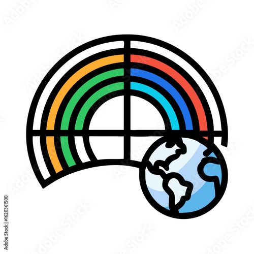 Colorful conceptual graphic representing a rainbow over Earth, climate and nature