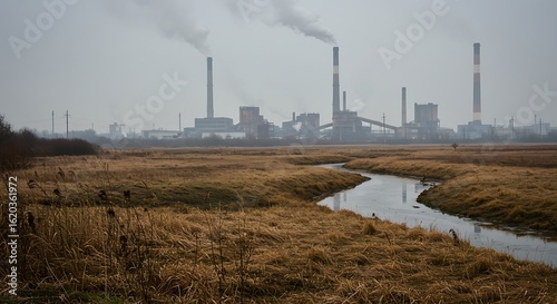 Pollution scene of factory chimneys emitting smoke, with rivers and weeds around