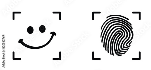 Touch id and face. Finger or face print. Cellphone password access id verification. Fingerprint security identification. Biometric sensor. Online on mobile phone or smartphone finger print secure.