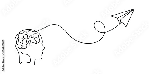 Human Brain, light bulb and flying paper airplane one line drawing on white background. Creative Mind, Innovation, Creativity and brainstorm. Vector illustration