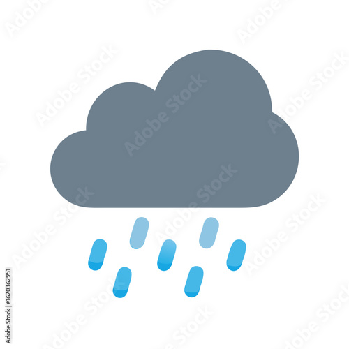 A gray raincloud with several blue raindrops indicating rainy weather ahead