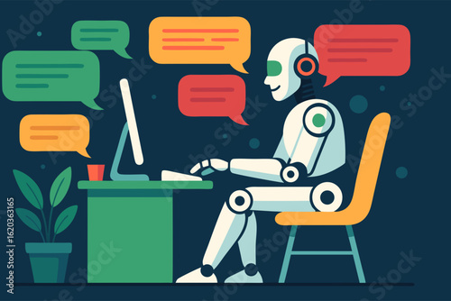 Futuristic illustration of a humanoid robot using a computer and chatting through speech bubbles in a dark tech environment. Concept of AI communication, chatbot technology and artificial intelligence
