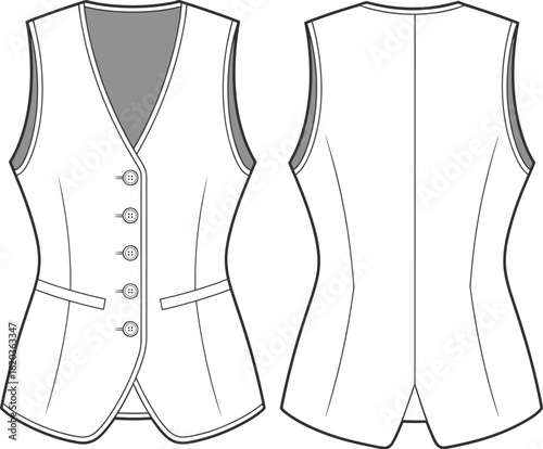 Elegant professional women's business vest with pockets and buttons, front and back views, fashion apparel technical drawing flat illustration