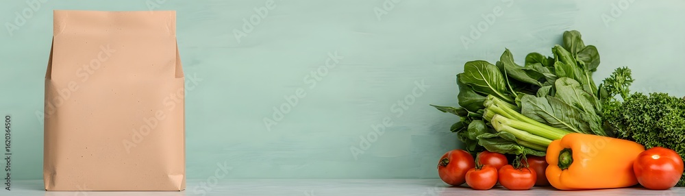 A kraft paper bag beside fresh vegetables on a light blue background, highlighting healthy eating and sustainable packaging. A kraft paper bag beside fresh vegetables on a light blue background, highlighting healthy eating and sustainable packaging.