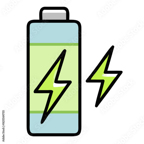 Illustration of a battery with lightning bolts, isolated on white background, representing energy and power