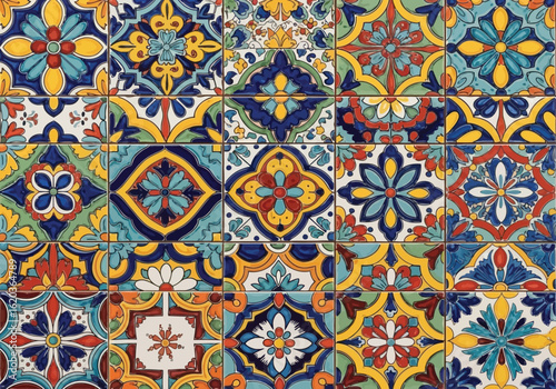 Colorful ceramic tiles create a vibrant and decorative surface with a traditional mediterranean pattern design