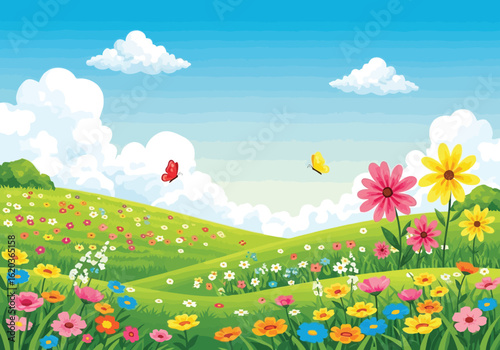 Vector illustration of a beautiful spring landscape with colorful flowers blooming in a green field under a bright blue sky with fluffy clouds