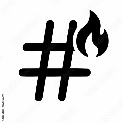 Trending Hashtag. Twitter-style hashtag symbol with small fire icon replacing one crossbar. Viral content indicator