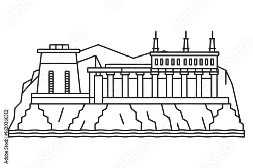 Clean line art illustration of a hydroelectric power station generating renewable energy