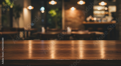 Warm, inviting restaurant bar; polished wood table top; bokeh background; moody lighting; upscale ambiance; empty surface; product placement; commercial photography.