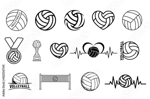 Set of Volleyball Icons and Heartbeat Sport Symbols