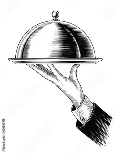 Elegant hand serving food under a silver cloche
