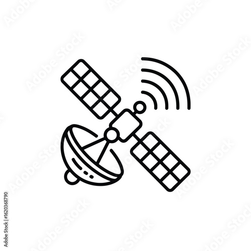 Satellite transmitting signals with solar panels and dish antenna