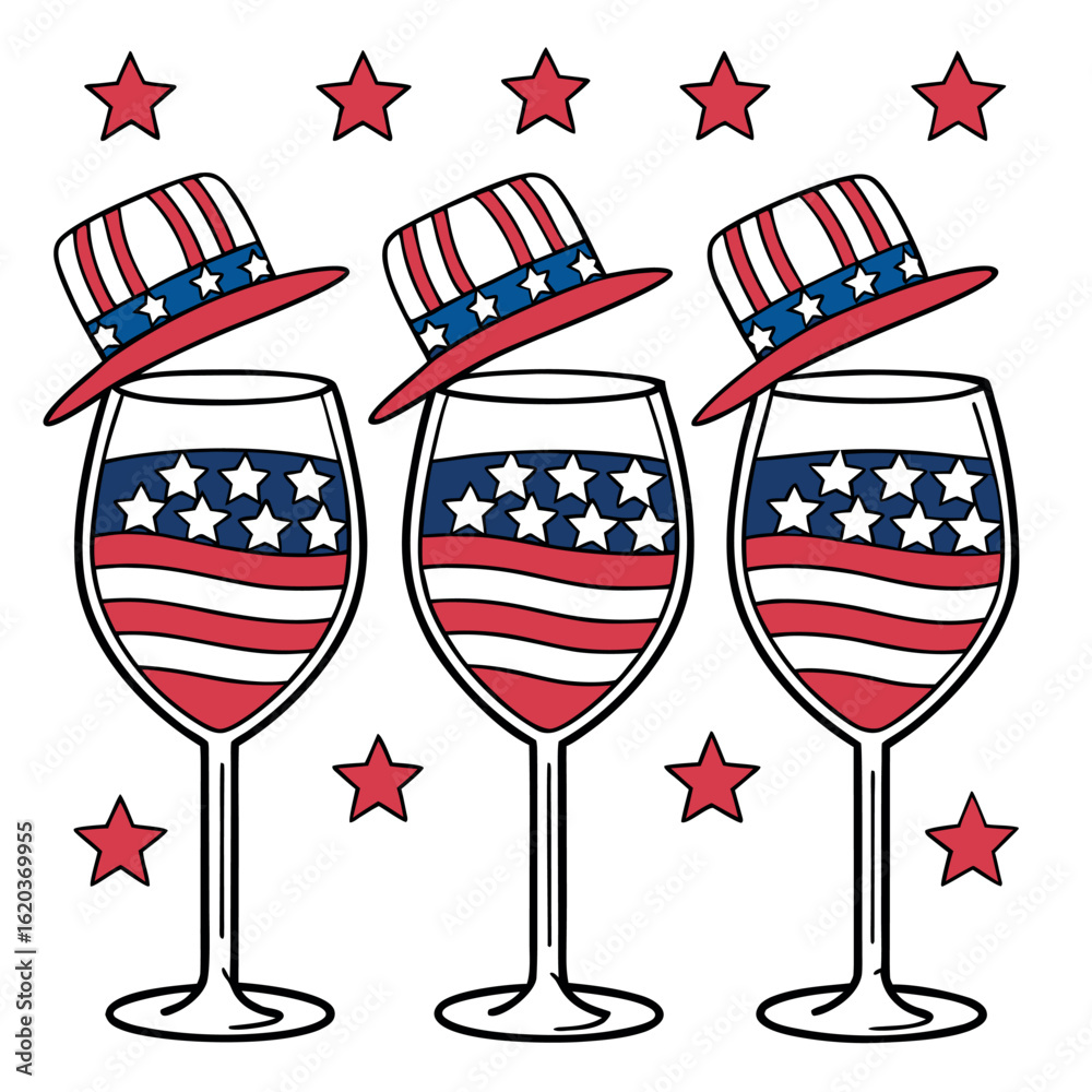 Obraz premium Three wineglasses boast American flag colors and themed hats, adorned with star elements, against transparent background