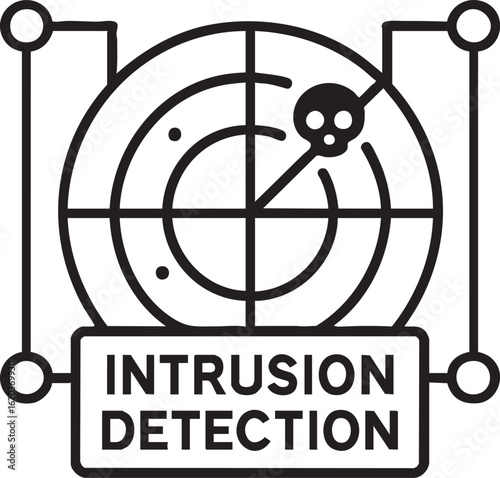 A conceptual line art illustration depicts an intrusion detection system with a radar screen and skull icon, symbolizing digital security and threat monitoring.