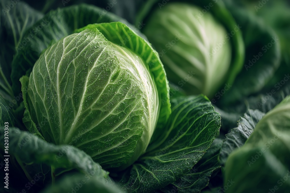 Obraz premium Fresh green cabbages growing in a farmland during daylight in a rural setting