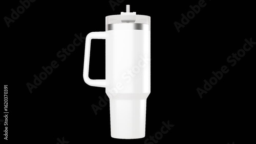 40oz tumbler rotating. Spinning travel mugs with handle. Travel cup for drinking. Thermos mug for iced coffee, tea. Insulated tumbler with straw and flip lid. 3d rendering. Transparent background