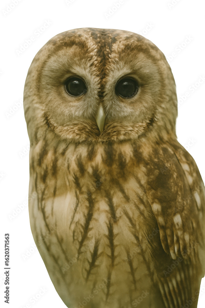 Naklejka premium Brown tawny owl portrait isolated on white background