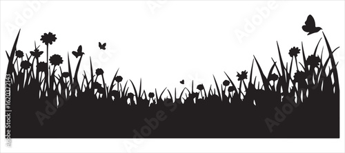 Shape of a vibrant meadow with greenery, flowers, and fluttering butterflies. Verdant landscape. Cartoon illustration. The artwork is set on a white background. Stunning natural view.