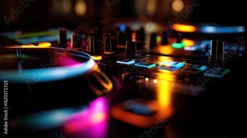 A close-up of glowing DJ equipment with vibrant lights in a dark, atmospheric club.