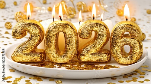 Sparkling Gold 2026 Candles Burning on White Plate with Festive New Year Celebration.