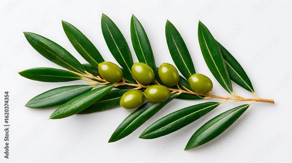Fototapeta premium Fresh Olive Branch with Green Olives and Leaves on White Background.