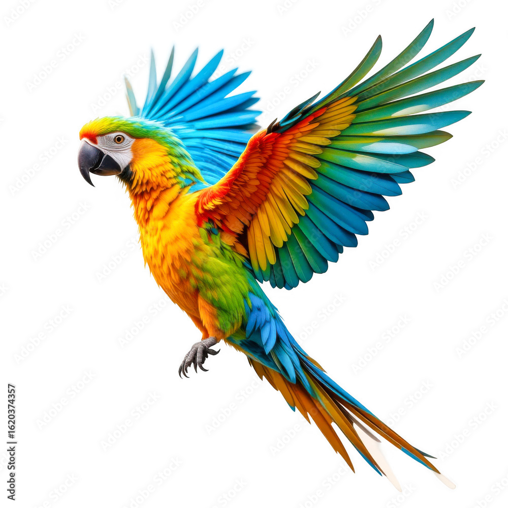 Fototapeta premium parrot spreading wings in mid-flight, vibrant tropical colors on transparent background | blue and yellow macaw ara ararauna