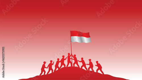 Dramatic illustration showing silhouettes of people raising the Indonesian flag on a hilltop under a red gradient sky. Symbolizes national pride, unity, and the spirit of independence.