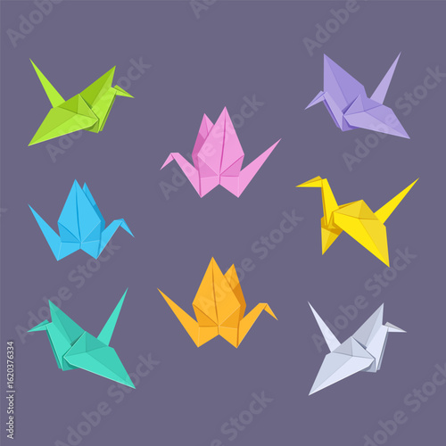 colorful origami crane on dark background, folded paper, paper crane