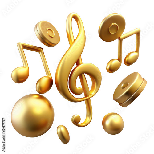 Gold music notes and clef illustration for musical theme design and decoration on black background render 3d