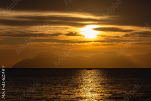 Sunrise in the Alcudia Bay with view to Serra de Llevant mountains, Majorca, Mallorca, Balearic Islands, Spain, Europe