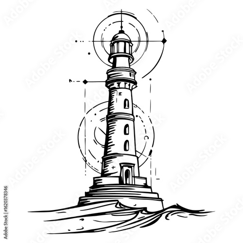Detailed lighthouse architectural drawing with navigation crosshairs and waves, isolated. Nautical marine safety concept, black and white sketch vector illustration