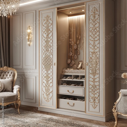 Elegant, ornate wardrobe in a lavish bedroom