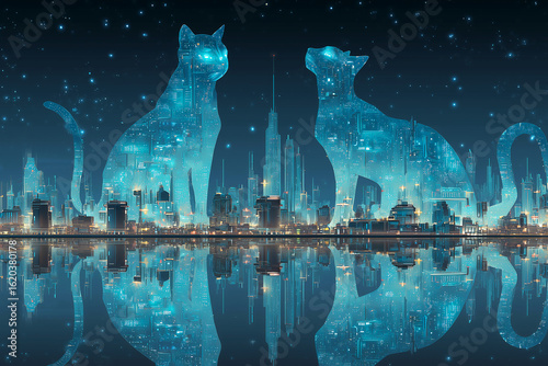 Two large ethereal cats made of light and stars sit against a futuristic city skyline, reflecting beautifully on calm water
