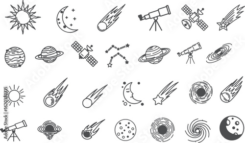 Stellar Universe Silhouette Icons – Planet, Star,Moon, Satellite, Galaxy, Telescope