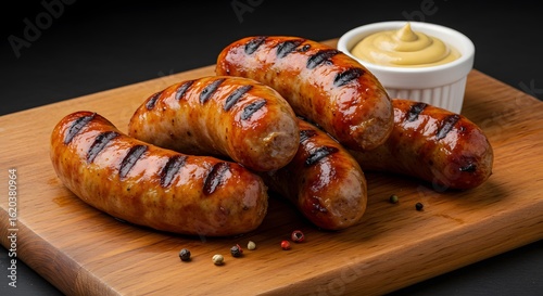 Grilled Sausages with Mustard on Wooden Board - Food Photography