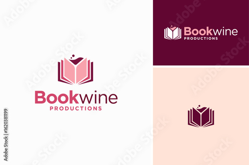 Wineglass silhouette as negative space with Book for Beverage Lesson School or Wine Magazine Catalog logo design