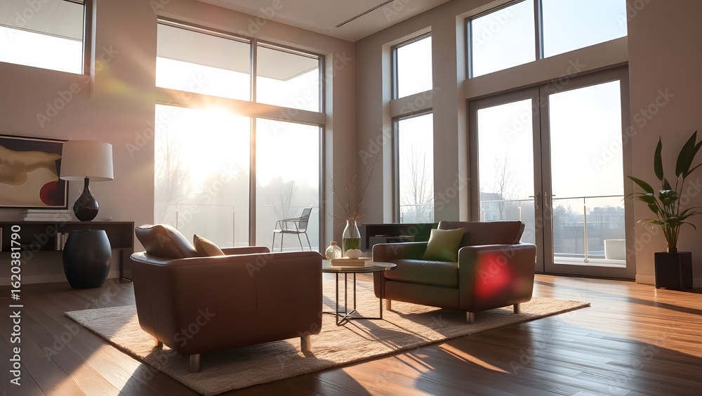 Fototapeta premium Modern Living Room with Floor-to-Ceiling Windows and Sunrise Light