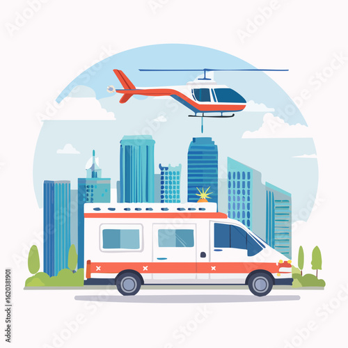 Flache Vektorillustration: Krankenwagen und Rettungshubschrauber im Einsatz