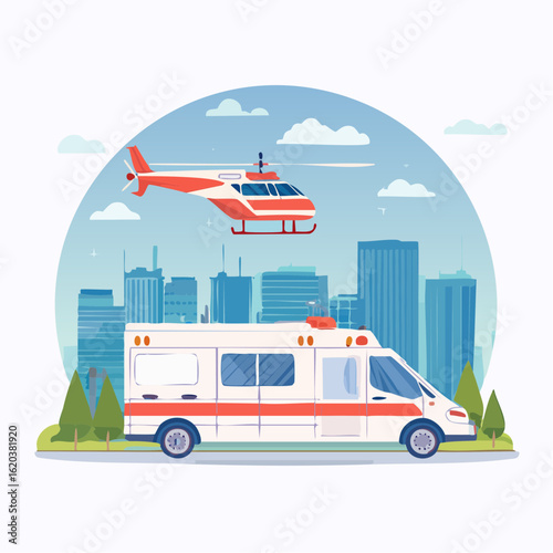 Flache Vektorillustration: Krankenwagen und Rettungshubschrauber im Einsatz