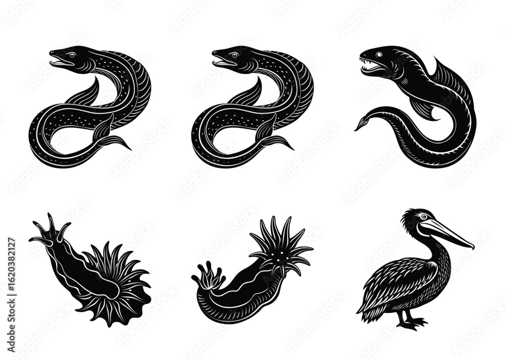 Naklejka premium Black and white vector graphic showcasing diverse sea animals in silhouette style