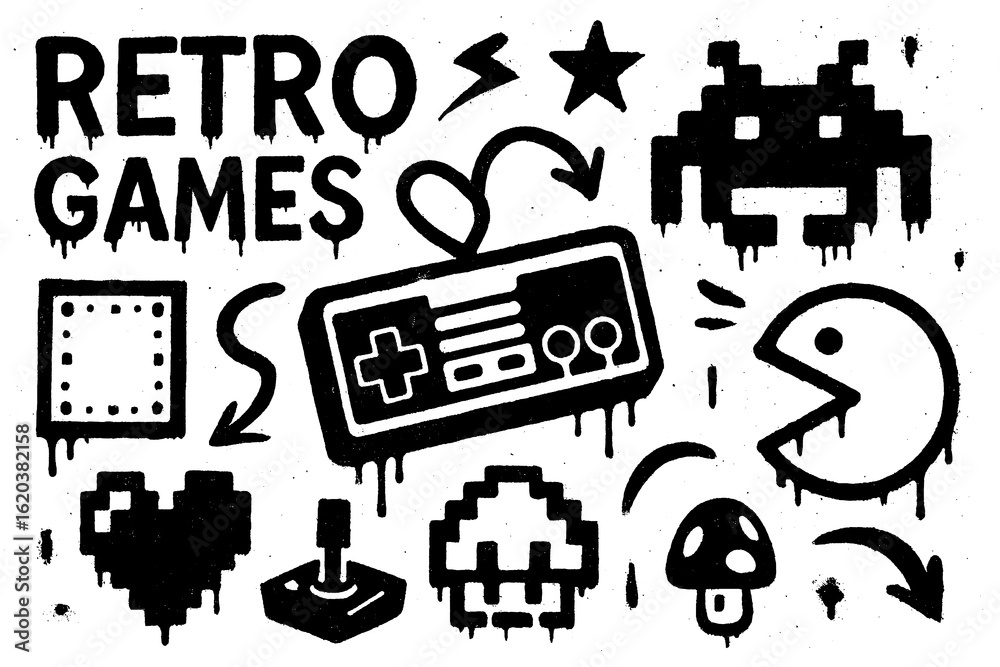 Naklejka premium Retro gaming icons with pixelated characters and arcade joystick in graffiti doodle style, Transparent Background