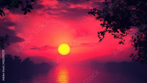 Vibrant pink and purple sunset over a lake with silhouetted trees