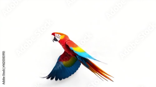 Scarlet Macaw in Flight: Vibrant Tropical Bird Soaring Against White Background