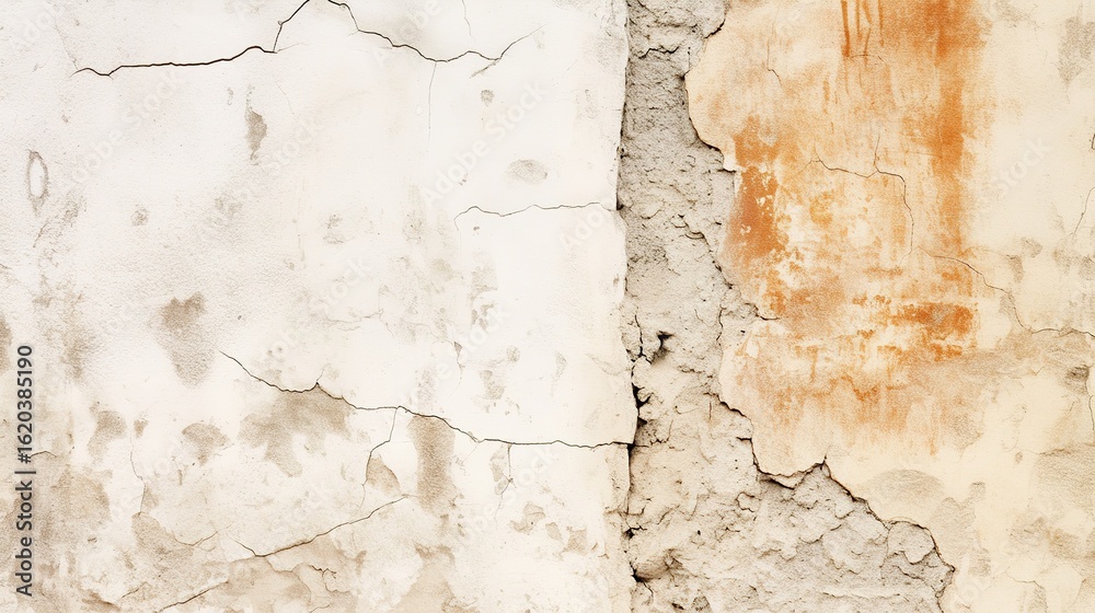 Obraz premium Close-up of a crack in an outdoor travertine wall, highlighting texture and color contrast with nearby concrete flooring, adding character, visual interest, and depth to architectural details.