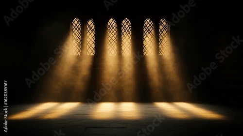 Golden Light Beams in Gothic Cathedral Interior:  Atmospheric 4K Stock Footage
